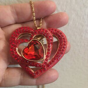 Large Red Double Heart Necklace, Rhinestone Bling Bling Costume Jewelry Dr 6